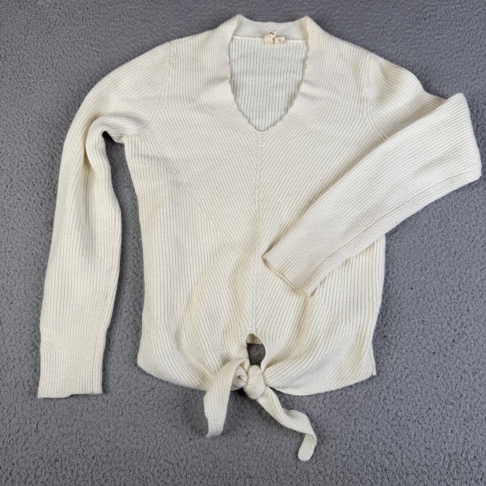 Moth Sweater Womens XS Ivory White Ribbed V-Neck Tie Front Long Sleeve Knit Top